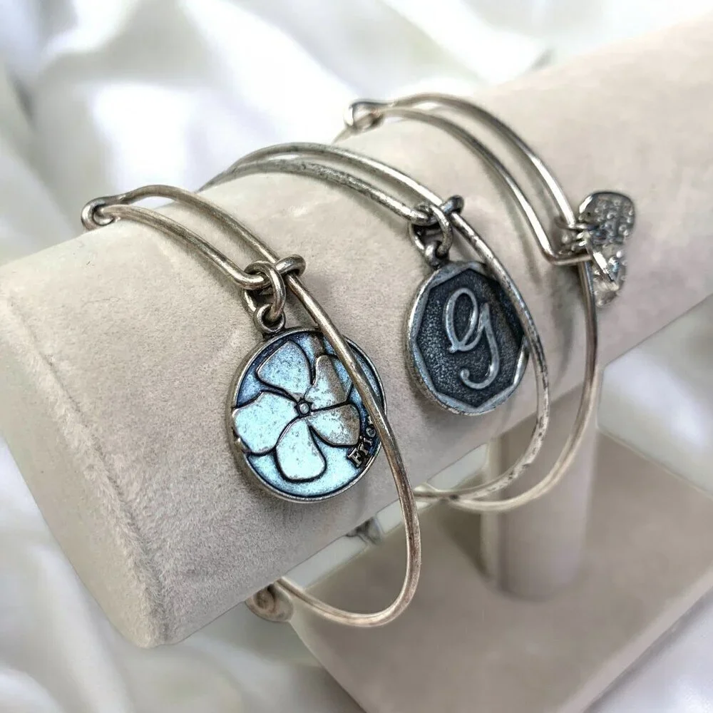 Alex and Ani Silver Charm Bangle Bundle Trio Friend Initial G Heart Adjustable
